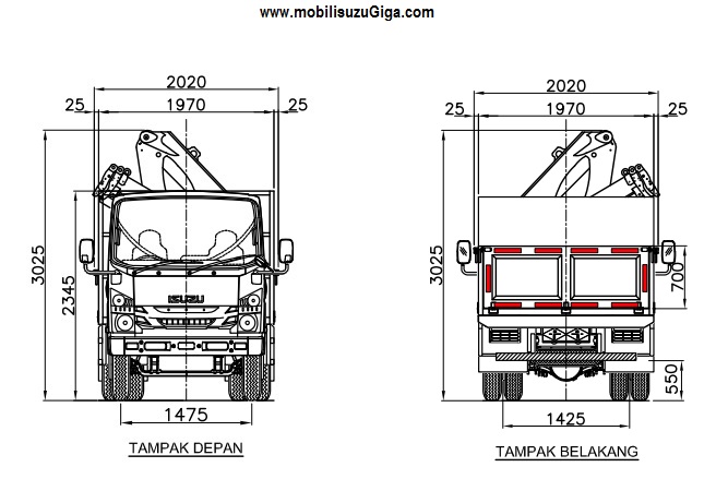 dimensi crane skylift isuzu NMR - depan
